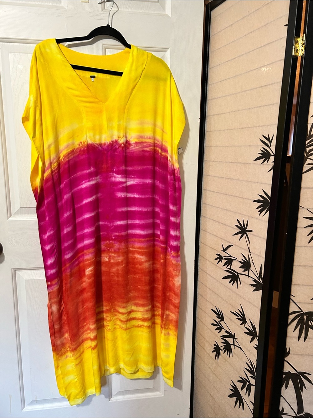 Young Fabulous & Broke Yellow Pink Kaftan Tie Dye Maxi Rayon Dress Sz S Oversize